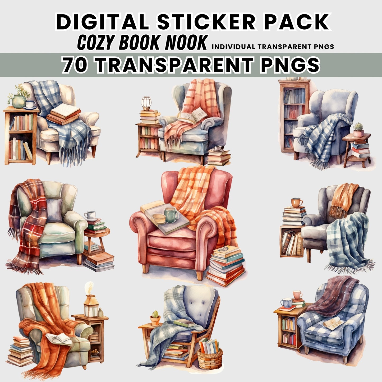 Cozy Book Nook Digital Stickers FULL COMMERCIAL RIGHTS