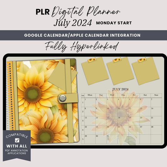 July 2024 One Month PLR Planner Sunflowers