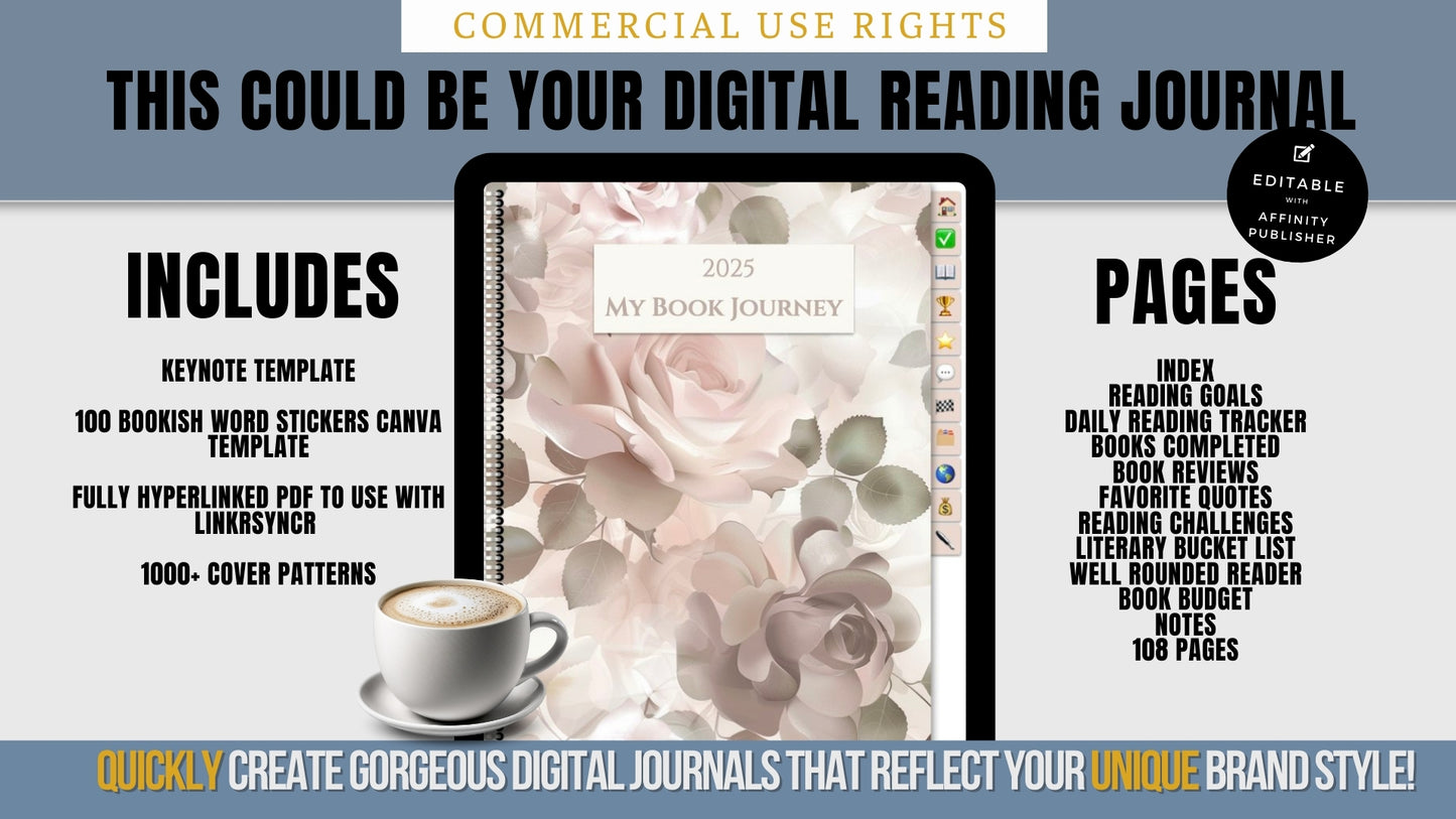 2025 Digital Reading Journal – Editable Affinity Publisher Template with Commercial Rights